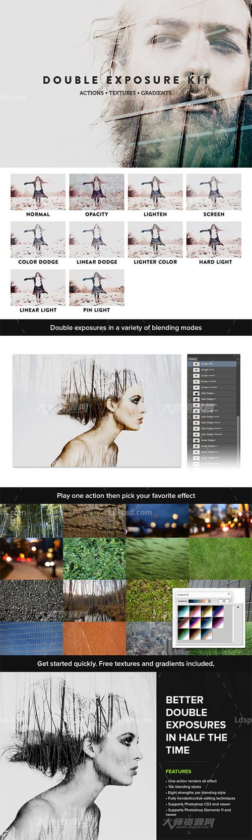 Double Exposure Kit,极品PS动作－双重曝光(10种效果/10个渐变/16张素材)